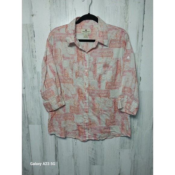 Woolrich Pink & Beige Paisley Button Down Shirt Roll Tab Sleeves Size Large - Picture 1 of 7